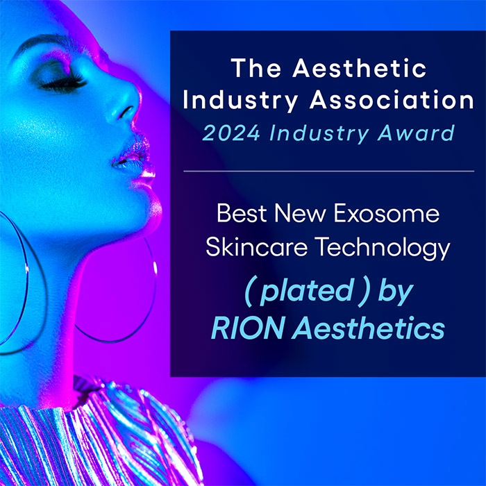 Best New Exosome Skincare Technology
( plated ) by RION Aesthetics - The Aesthetic Industry Association, 2024 - with a stylized woman's face on a blue background