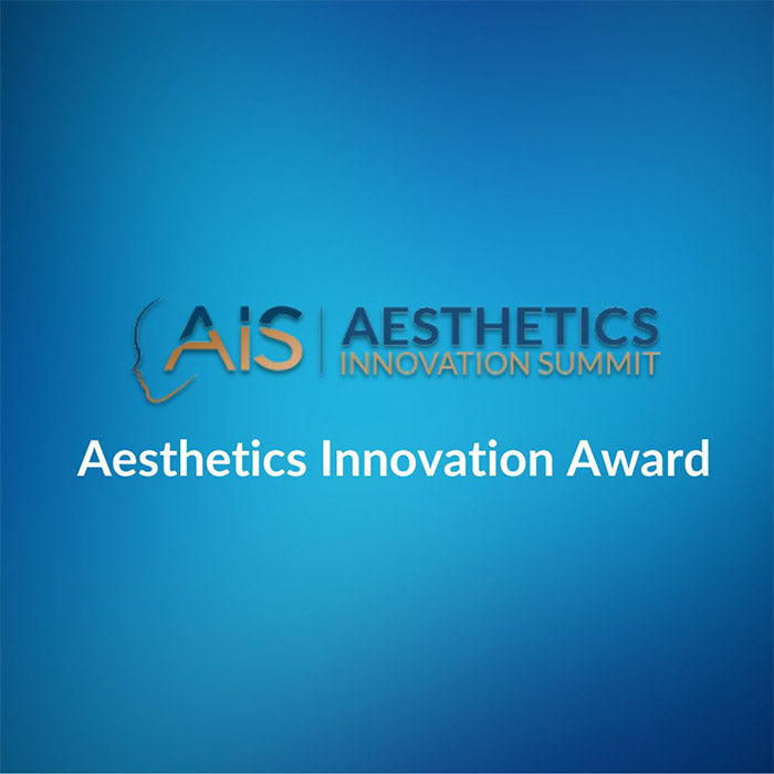 Aesthetics Innovation Award from the Aesthetics Innovation Summit, April 2022 on a blue background