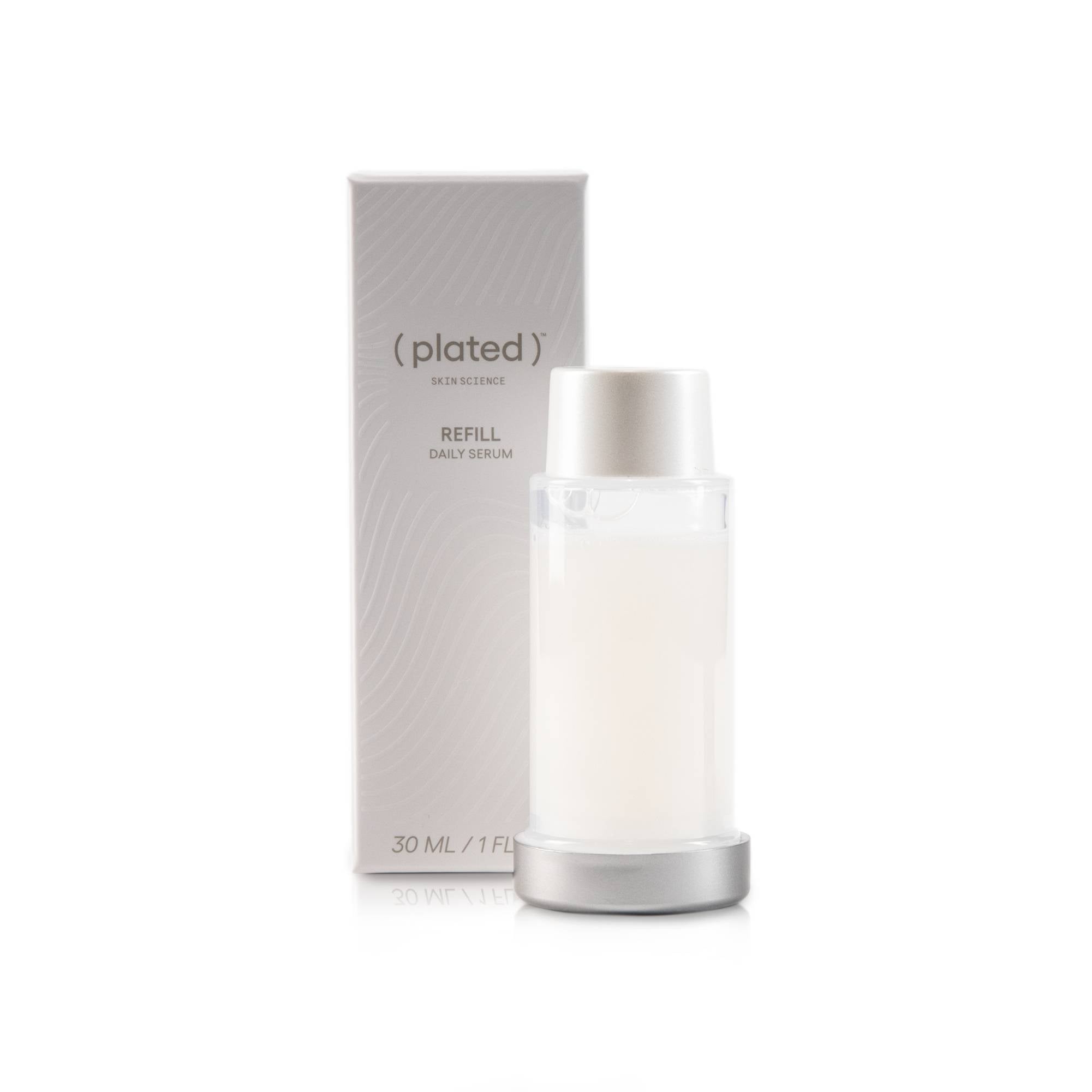 ( plated )® Skin Science 30 mL DAILY Refill Serum cartridge and packaging on a white background.