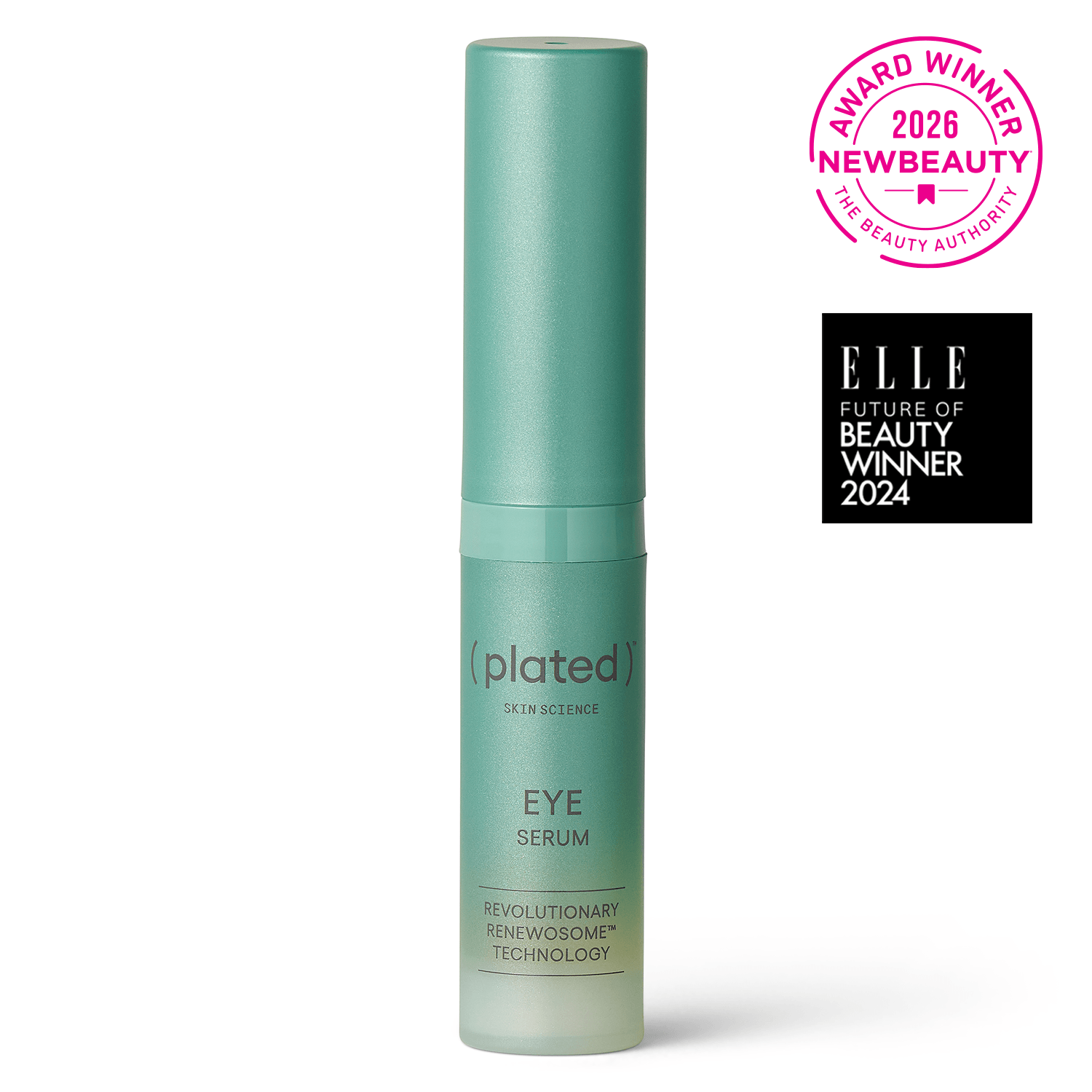 Full-size, green EYE Serum bottle with 'New Beauty Award Winner' and 'Elle Future of Beauty Winner 2024' badges on a white background