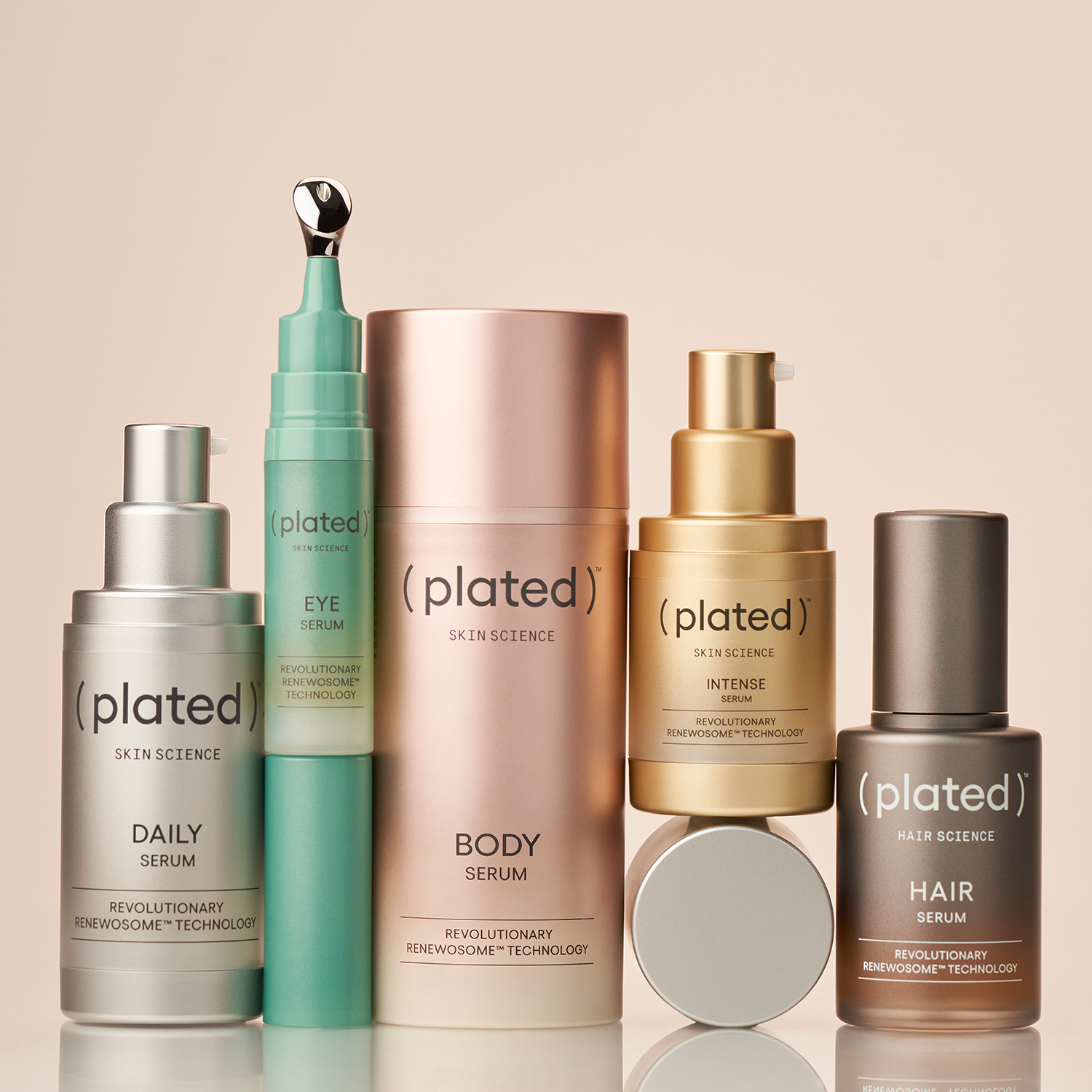 Collection of ( plated ) skincare and hair care products on a beige background