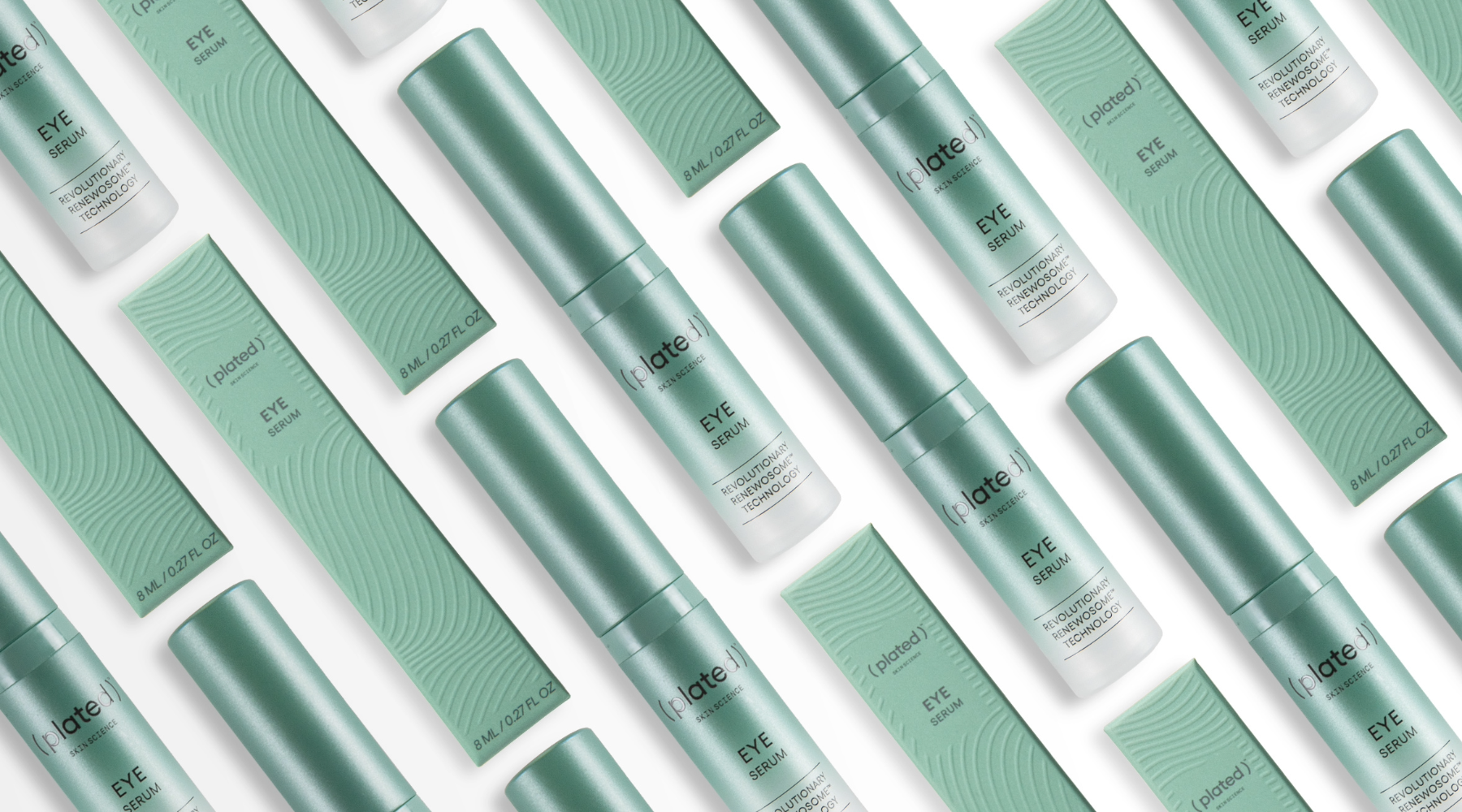 Pattern of ( plated )® EYE Serum skincare products with green and white packaging on a light background