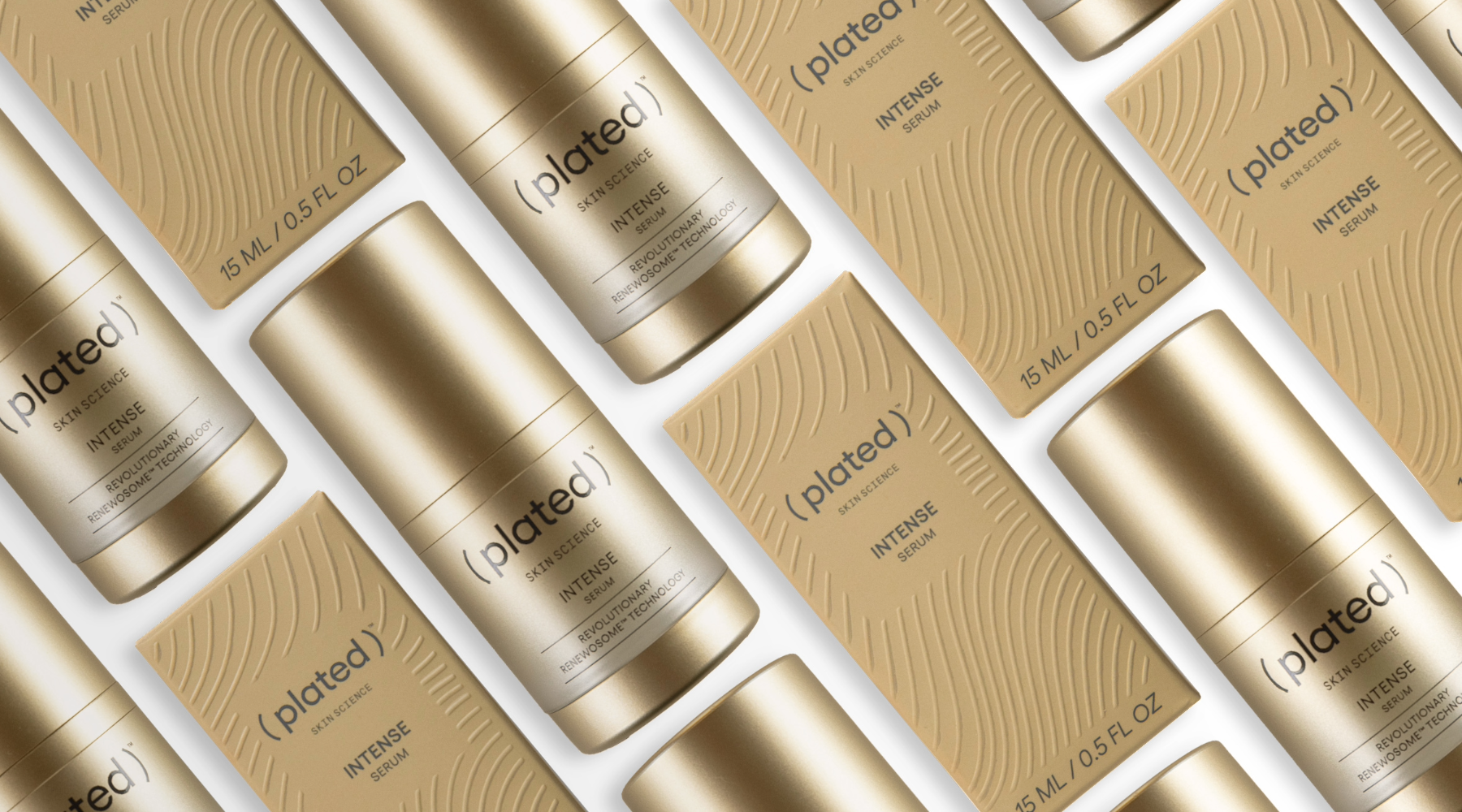Pattern of ( plated )® INTENSE Serum skincare products with gold and beige packaging on a light background