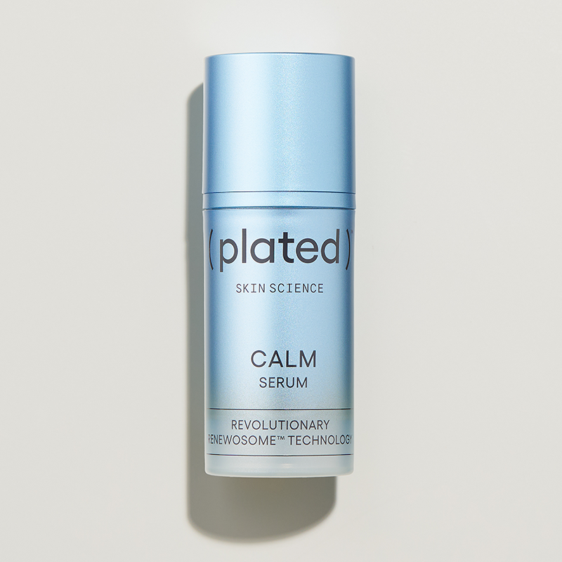 ( plated ) CALM Serum bottle on a light grey background