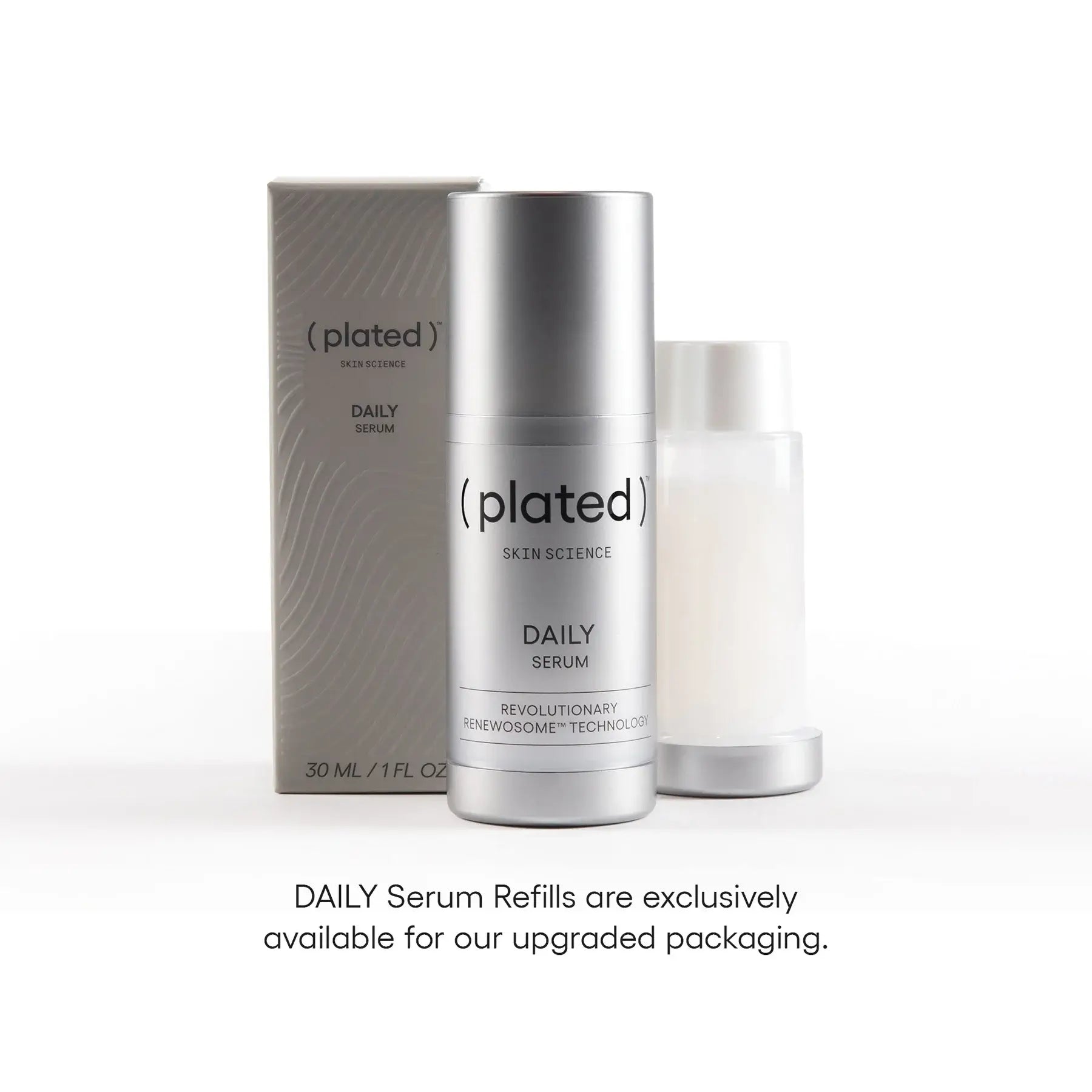 ( plated )® Skin Science 30 mL DAILY Refill Serum bottle, refill cartidge, and packaging on a white background with text that states refills fit the latest version of the DAILY bottle.