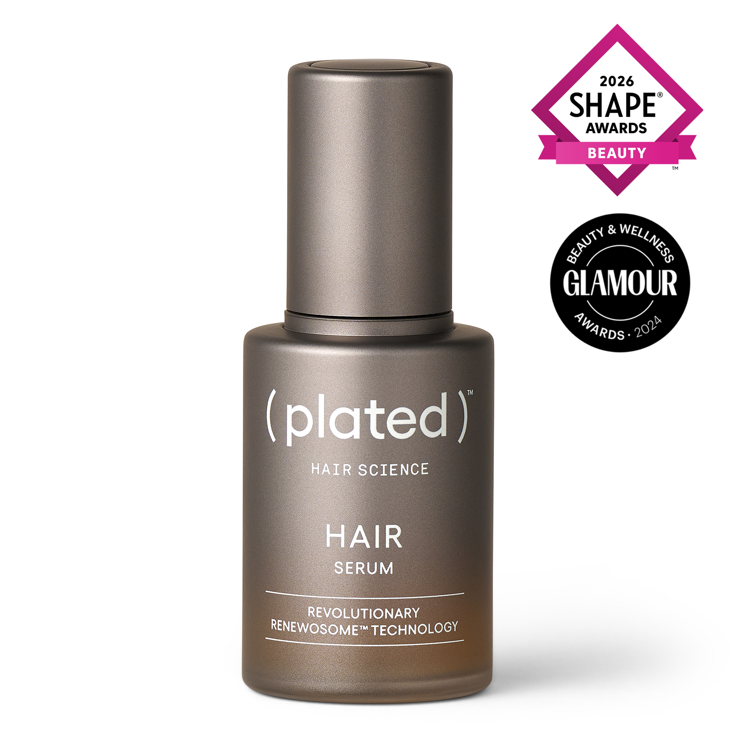 ( plated ) HAIR Serum bottle with 2026 SHAPE Beauty Award and 2024 Glamour Beauty & Wellness Award badges