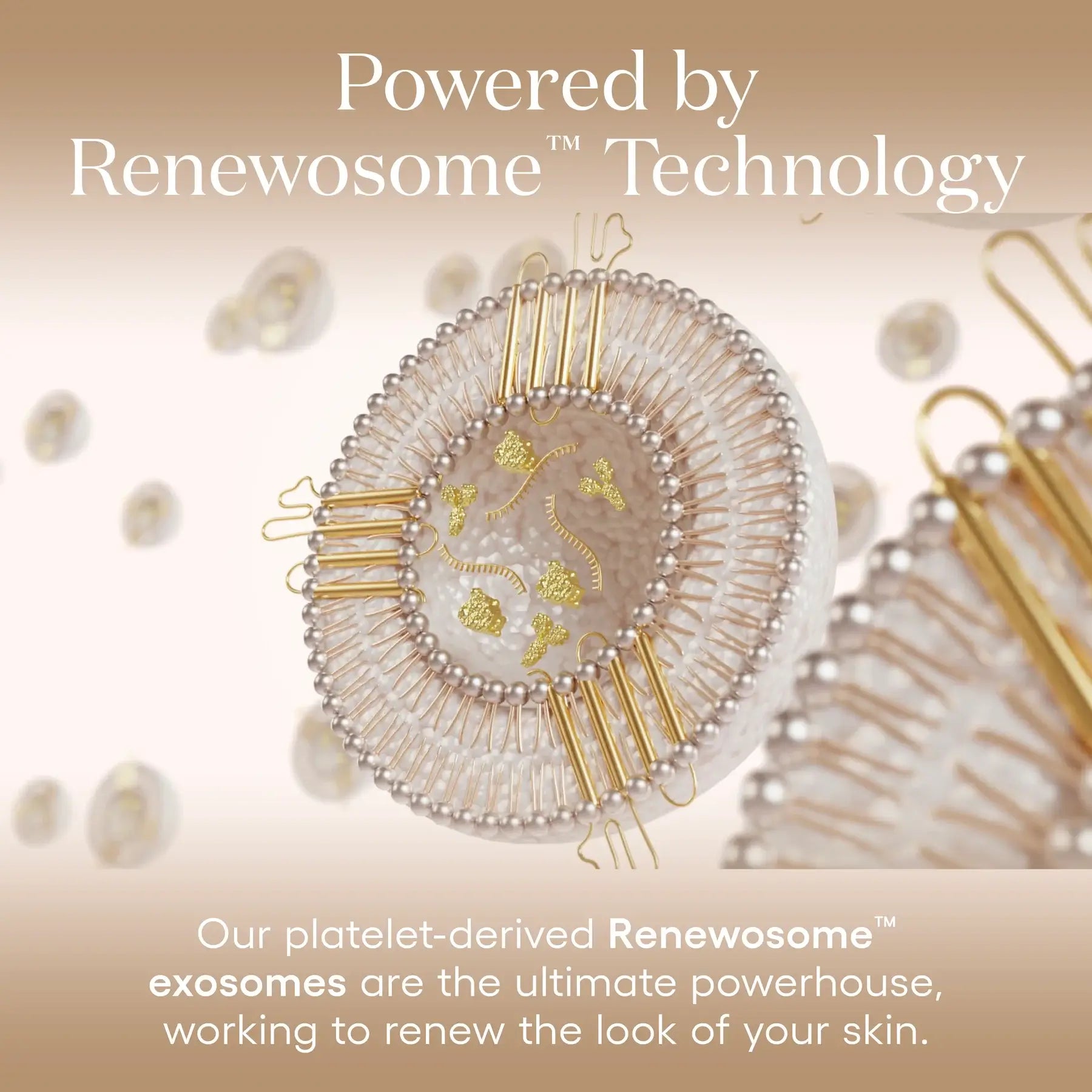 Scientific rendering of an exosome on a beige background, featuring text about Renewosome™ technology.