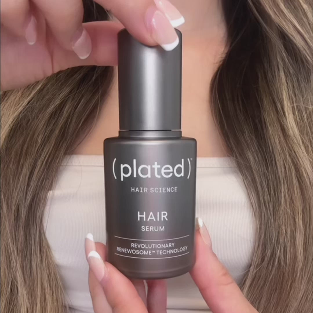Video of woman with long hair demonstrating the use of ( plated )'s HAIR Serum