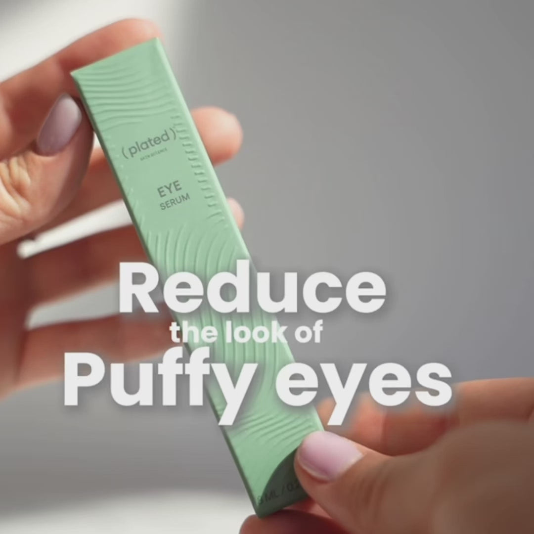 Video showing the green packaging and bottle for the Green bottle of ( plated ) EYE Serum with a text overlay about some of the benefits from use.