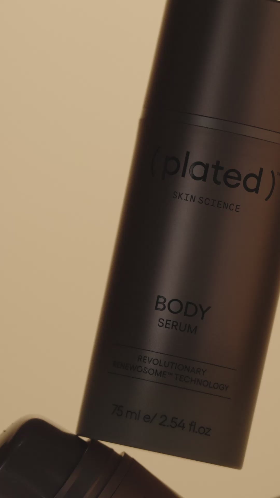 ( plated ) Skin Science BODY Serum product bottles and women applying the product against a neutral background
